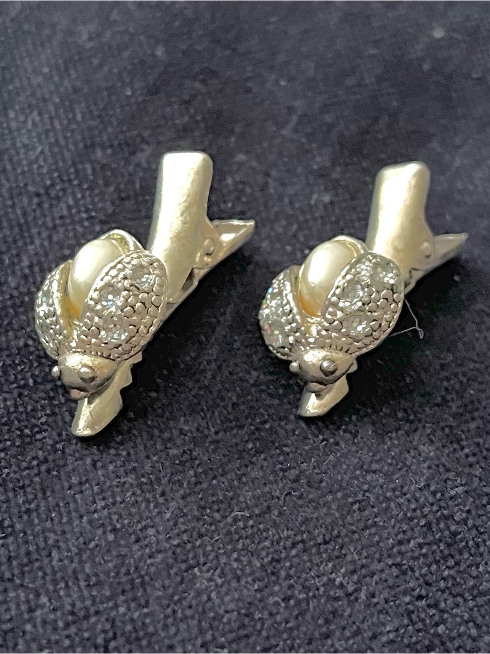 Vintage Figural Beetle Alligator Clips Pair Faux Pearl Rhinestone Lot of 2